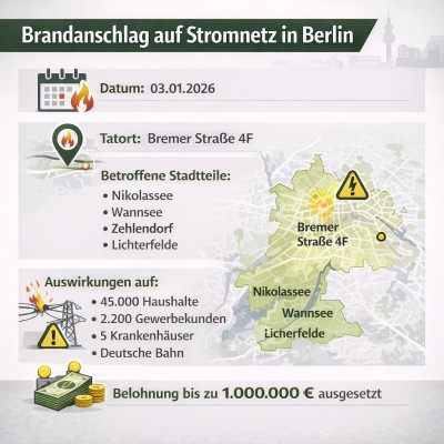 Belohnung: Brandanschlag legte Berliner Stromnetz teilweise lahm